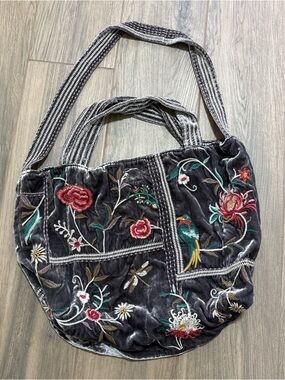 Johnny Was Uriah Velvet Handbag Grey Pewter Embroidery Flower Tote Bag Large